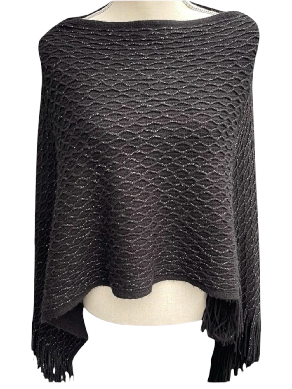 Black Silver Metallic Threading Textured Knit Fringe Poncho